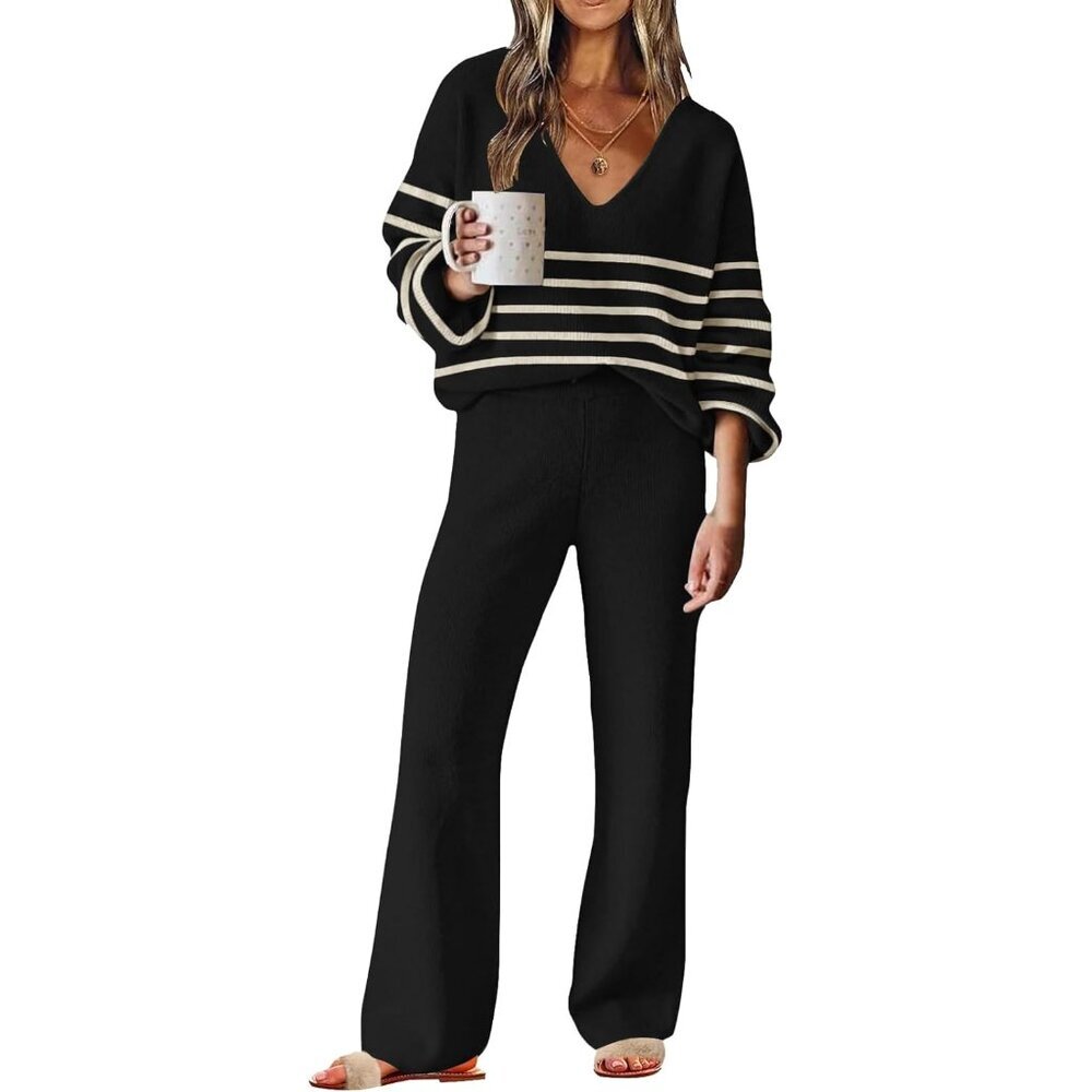 Womens Knit Lounge Set V Neck Stripes Wide Leg Pants Casual Pajama